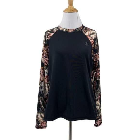 Hurley Rashguard Womens L Large Black Scattered Palm Lightweight Raglan Shirt - Picture 1 of 13